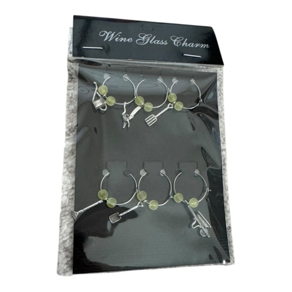 Set of 6 Wine Glass‎ Charms - Gardening Theme with Green Beads